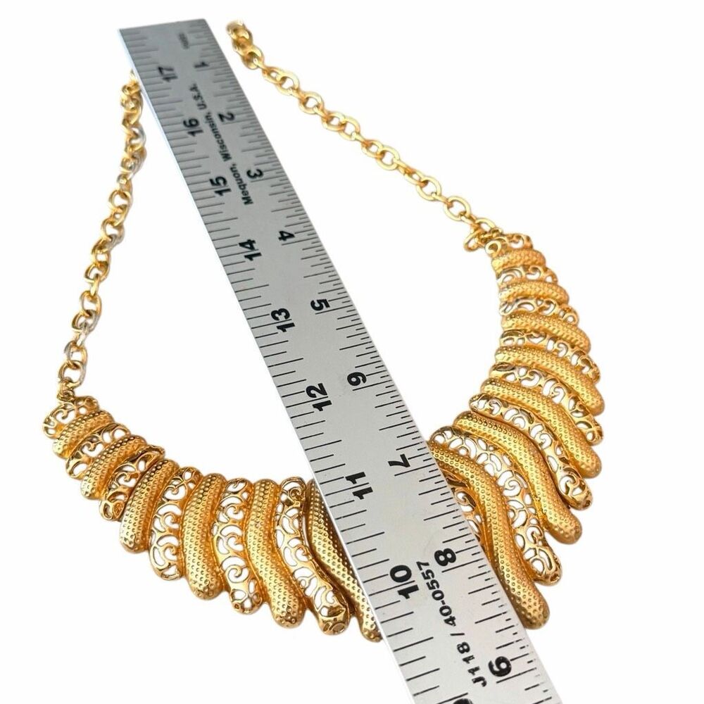 Gold Tone Filigree Statement Bib Necklace Textured Fringe Collar - Picture 7 of 8
